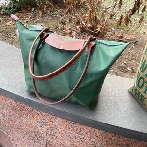 LONGCHAMP DEEP HUNTER GREEN BROWN NYLON LEATHER GORG TOTE Bag w MAKEUP Pouch